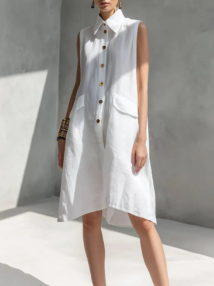 Women's Casual Cotton Linen Solid Color Lapel Sleeveless Loose Dress