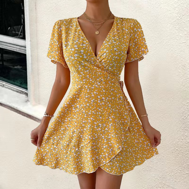 Women's Summer Casual Tiny Flower-Print Ruffle Wrap Dress