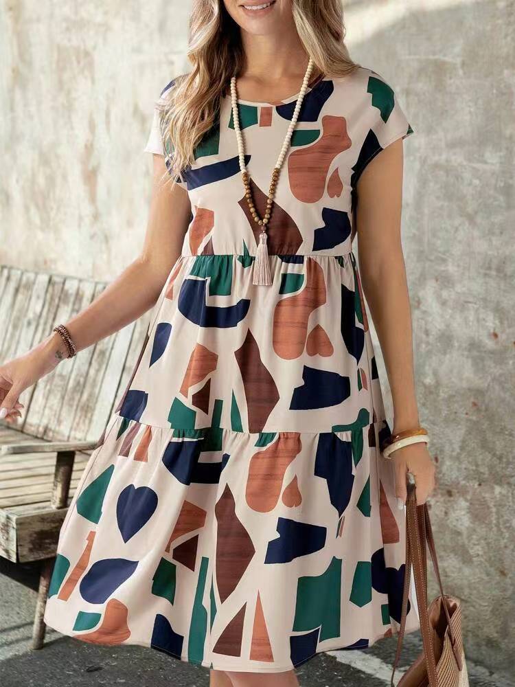 Women's Casual Printed Loose Midi Dress with Splice Skirt, Design