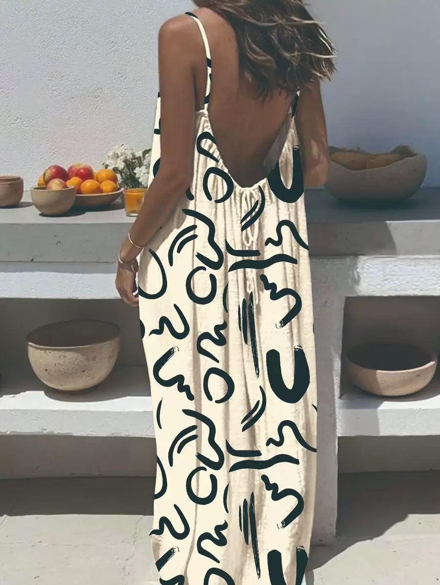 Women's Casual Print Loose Strap Maxi Dress