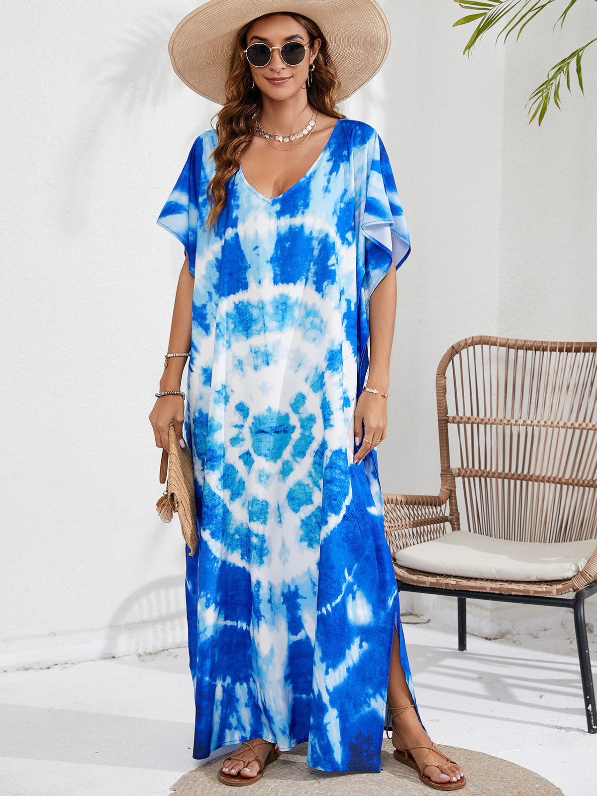 Women's Casual Tie-Dye Beach Short Sleeve Loose Swimsuit Cover-Ups