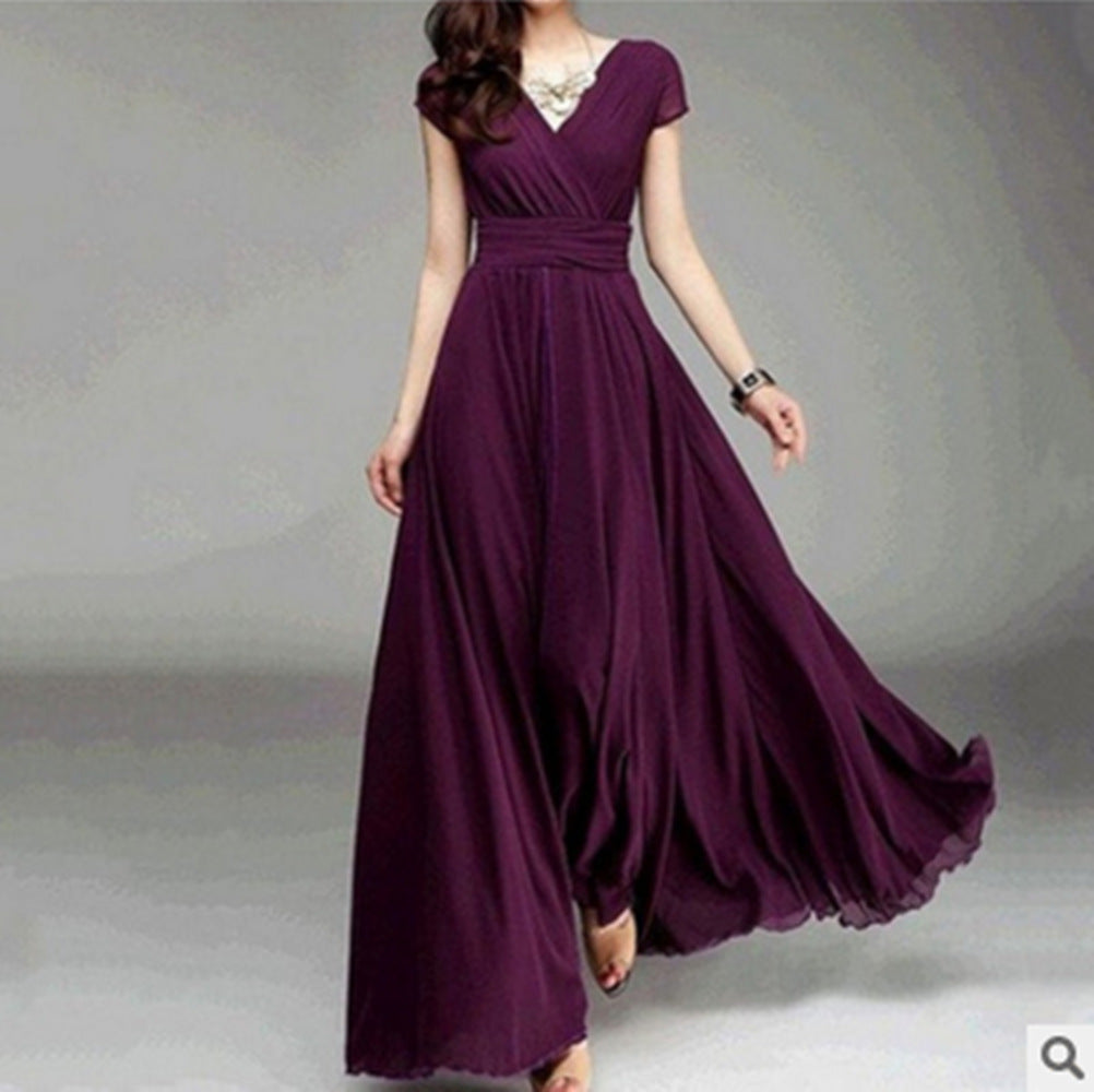 Women's Elegant Solid Color V-Neck Short Sleeve Chiffon Maxi Dress