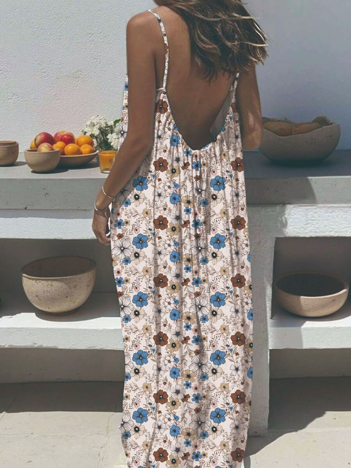Women's Casual Print Loose Strap Maxi Dress