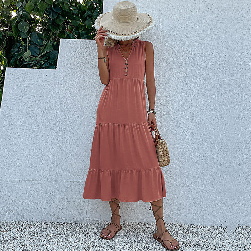 Women's Summer Solid Color Sleeveless Loose Casual Midi Dress