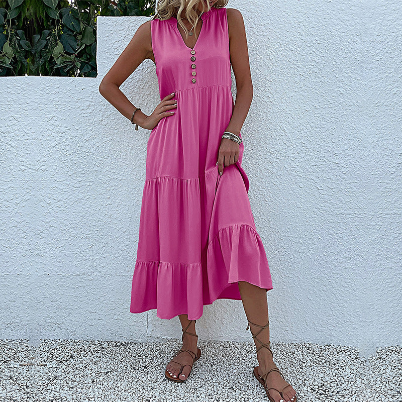 Women's Summer Solid Color Sleeveless Loose Casual Midi Dress