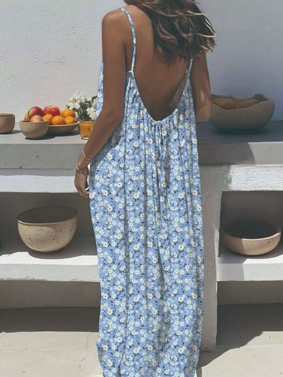 Women's Casual Print Loose Strap Maxi Dress