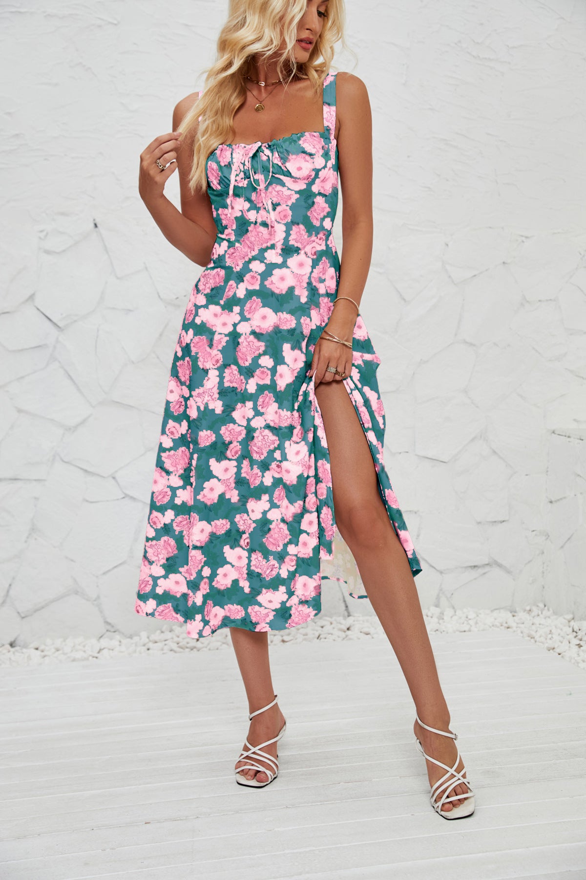 Women's Summer Floral Print Strap Side Slit Midi A-Line Dress
