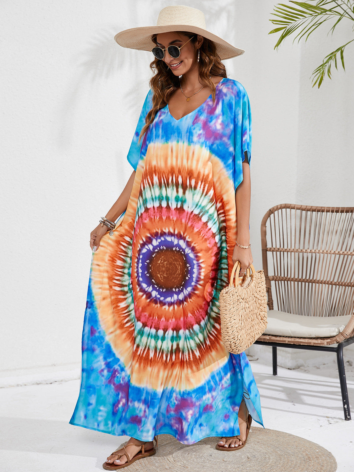 Women's Casual Tie-Dye Beach Short Sleeve Loose Swimsuit Cover-Ups