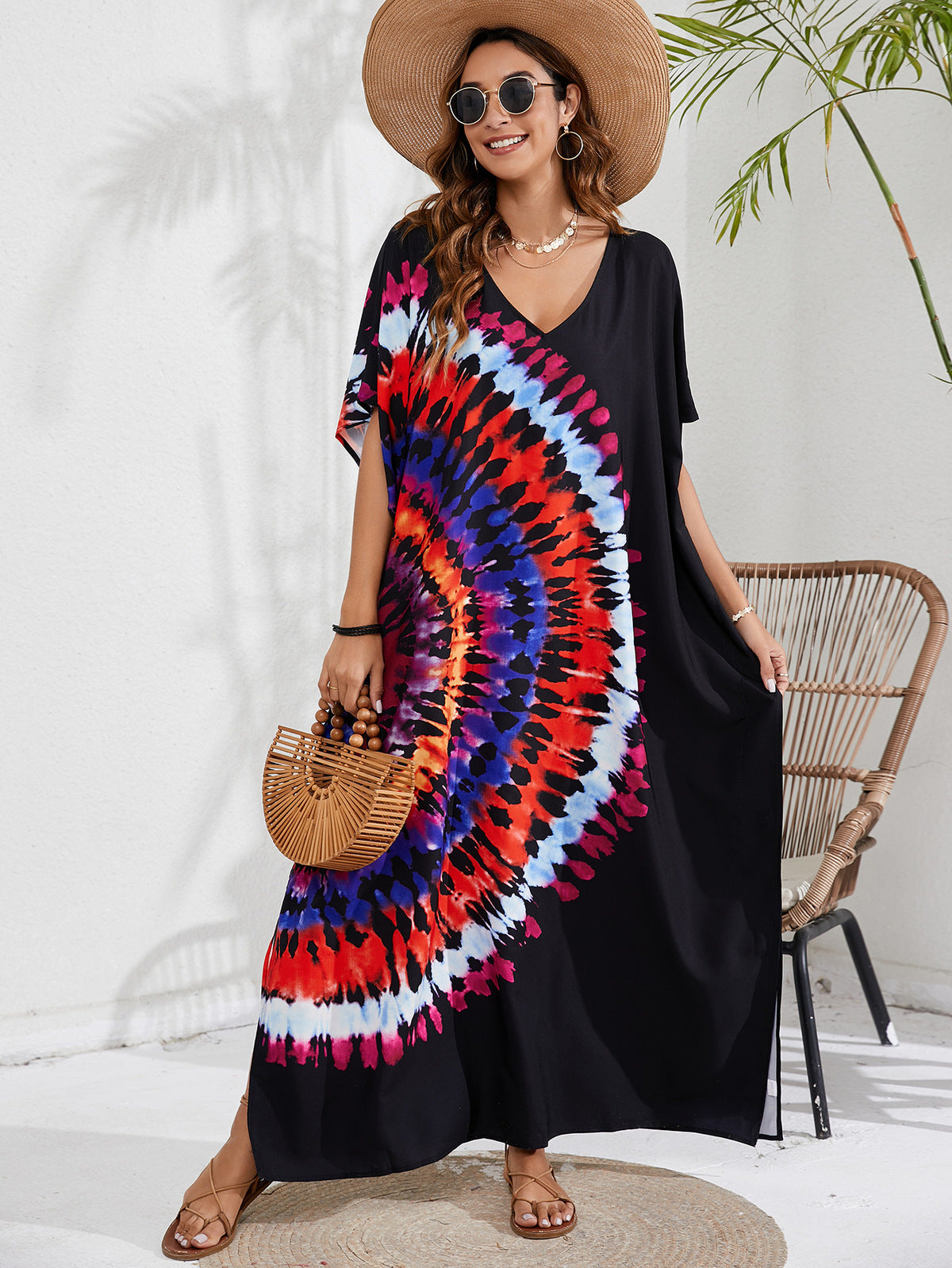 Women's Casual Tie-Dye Beach Short Sleeve Loose Swimsuit Cover-Ups