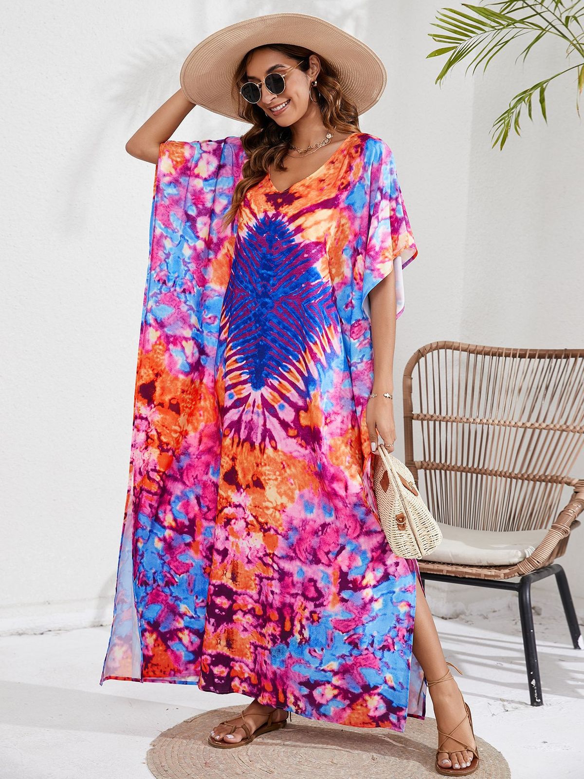 Women's Casual Tie-Dye Beach Short Sleeve Loose Swimsuit Cover-Ups