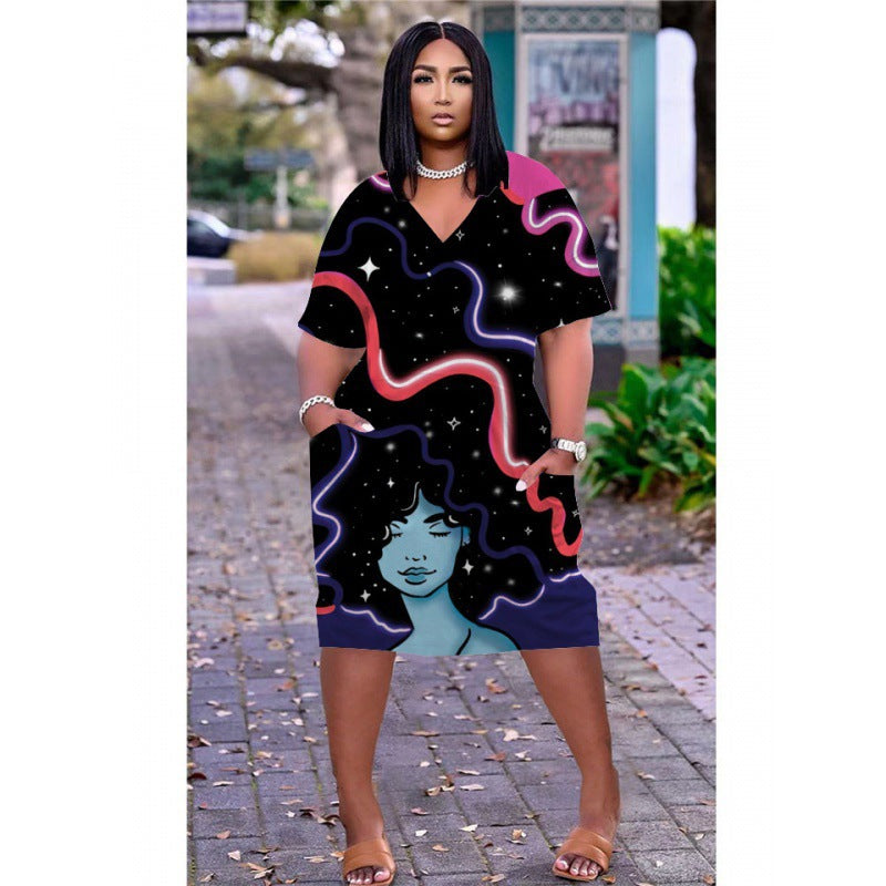 Women's Multicolor Human Avatar Printed V-Neck Short Sleeve Mid-Length Dress