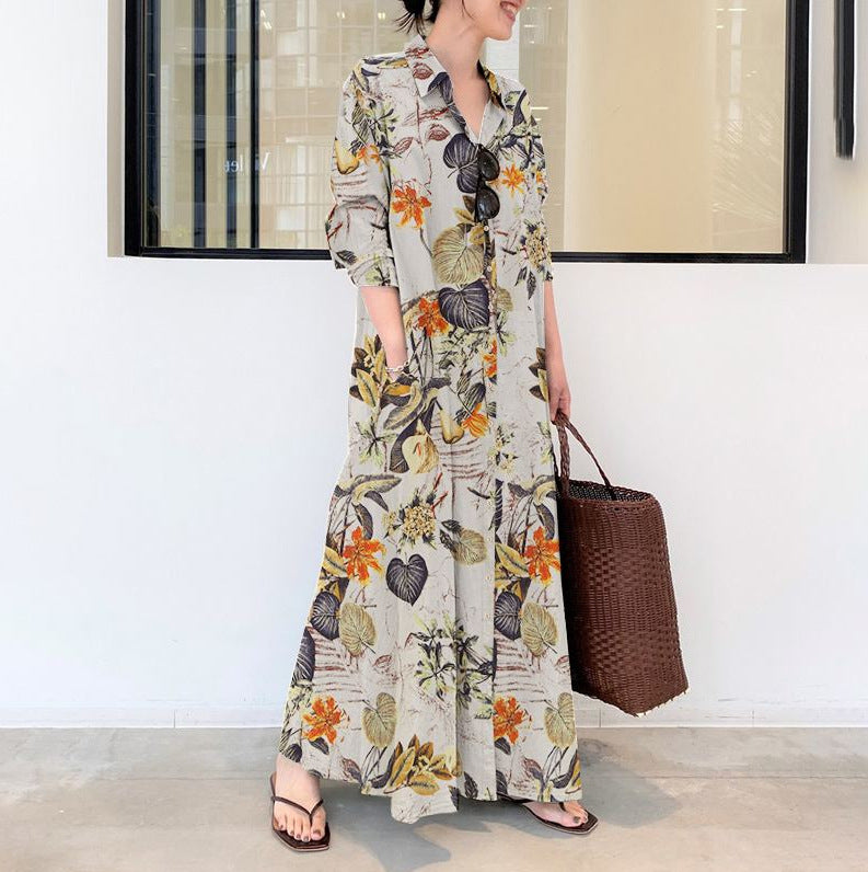Women's Casual Floral Print Lapel Long Sleeve Shirt Maxi Dress
