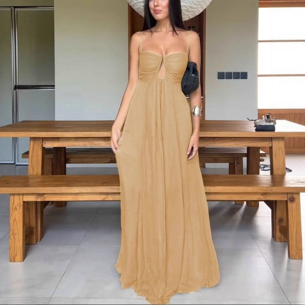 Women's Sexy Solid Color U-Shaped Spaghetti Strap Loose Polyester Long Dress