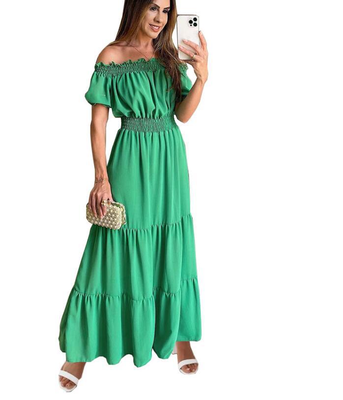 Women's Summer Vacation Casual Solid Color Off Shoulder Bubble Sleeve Maxi Dress
