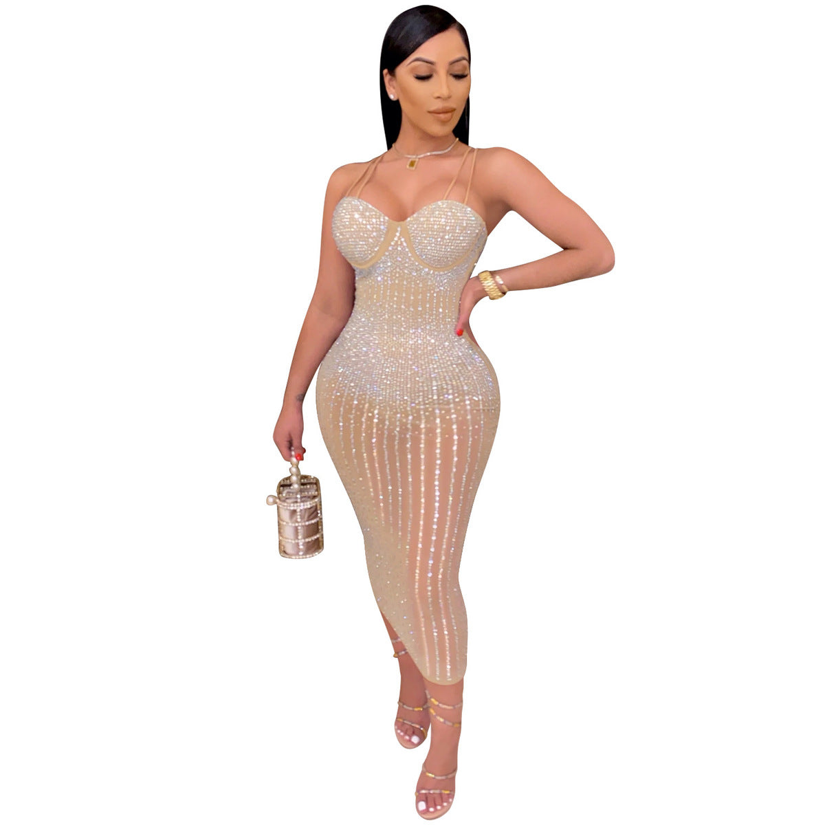 Women's Sexy Mesh Rhinestone Spaghetti Strap Bodycon Dress