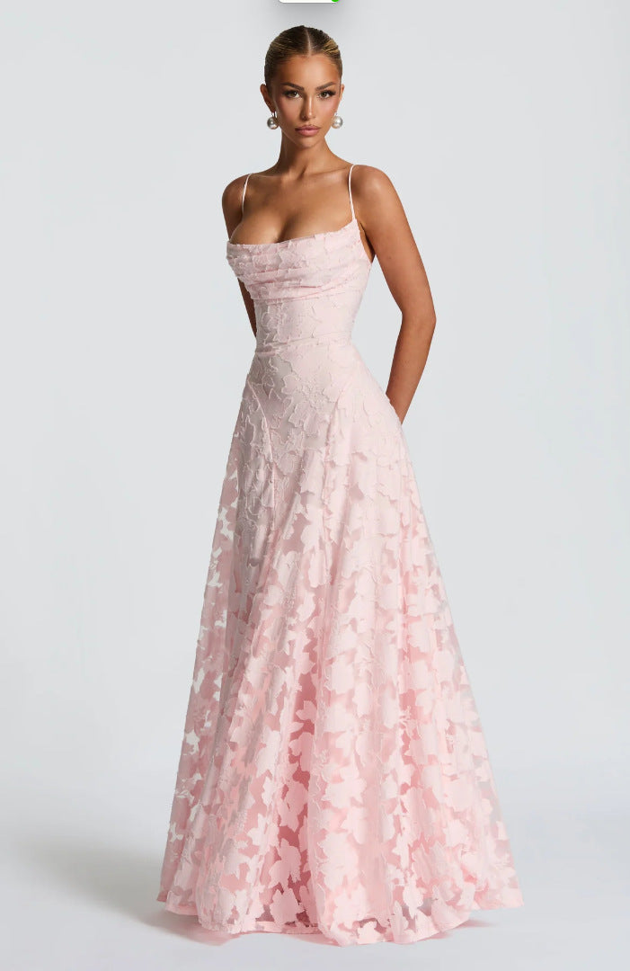 Women's Elegant Solid Color Lace Spaghetti Strap Backless Dress