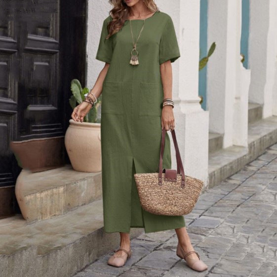 Women's Casual Summer Solid Color Cotton Linen Round Neck Short Sleeve Dress