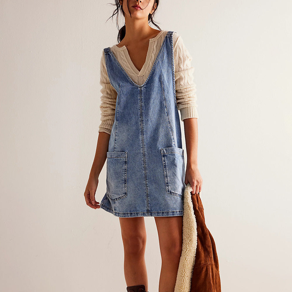 Women's Summer Casual Denim Strap Pocket Adjustable Loose Dress