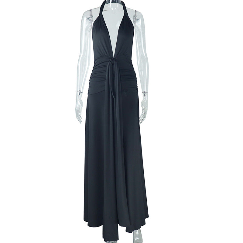 Women's Solid Color Halter-Neck Sleeveless Backless Lace-Up Split Maxi Dress