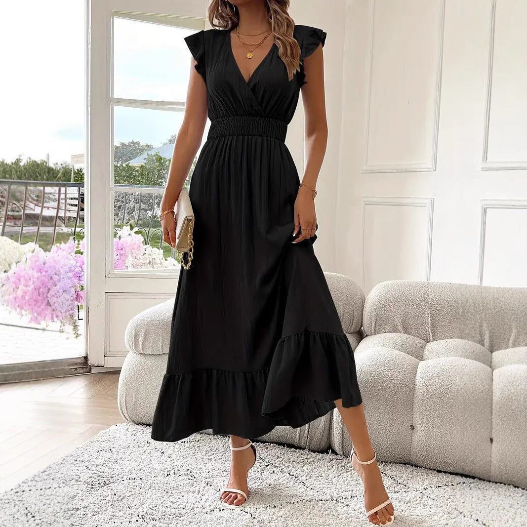 Women's Casual Summer Solid Color V-Neck Short Sleeve A-Line Dress