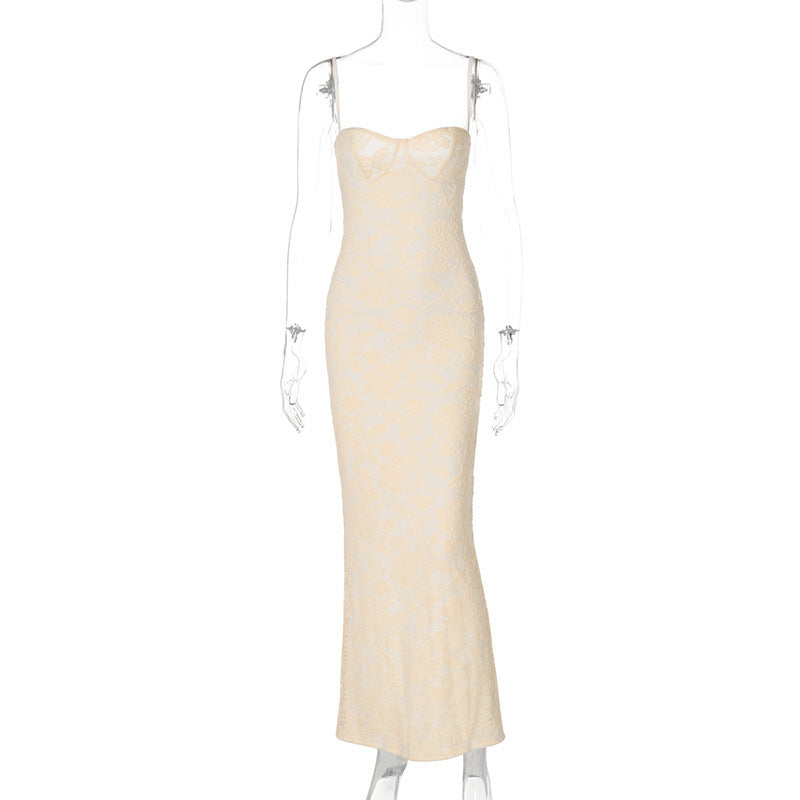 Women's Sexy Solid Color Lace Stitching Spaghetti Strap Slim-Fit Dress