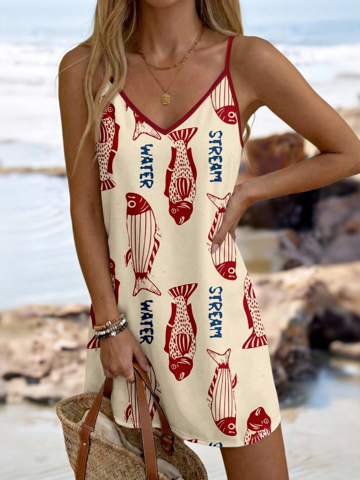 Women's Summer Vacation Casual Print Strap V-Neck Beach Mini Dress