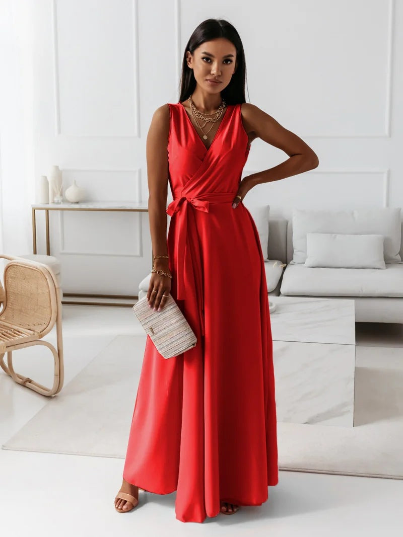 Women's Casual Summer Solid Color Lace-Up V-Neck Sleeveless Long Dress