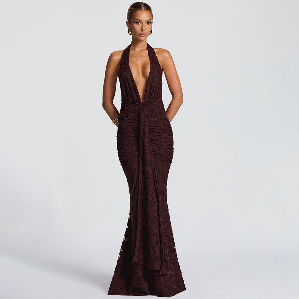 Women's Sexy Backless Lace-Up Deep V-Neck Pleated Fishtail Maxi Dress