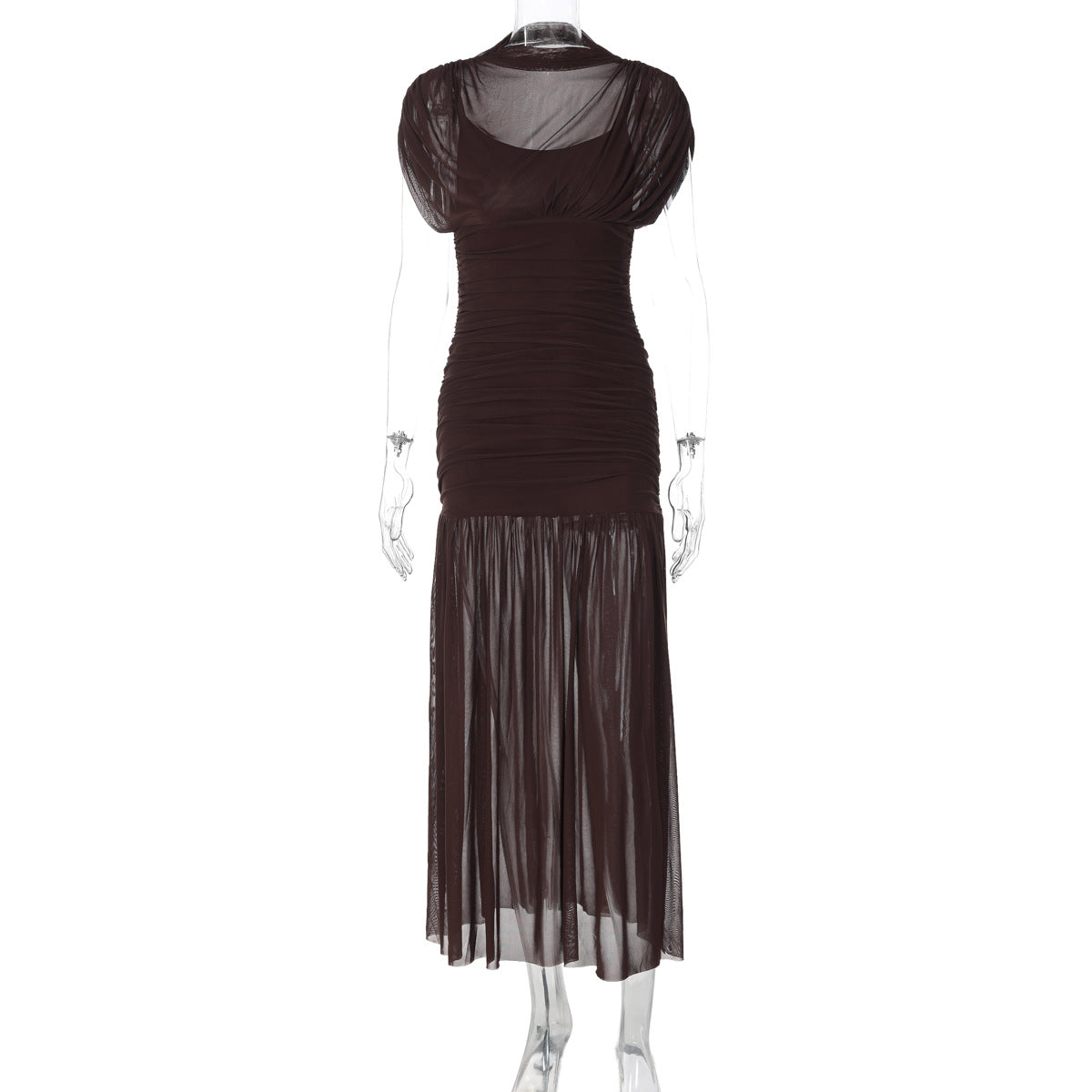 Women's Solid Color Stitching Mesh Perspective Short Sleeve Tight Dress