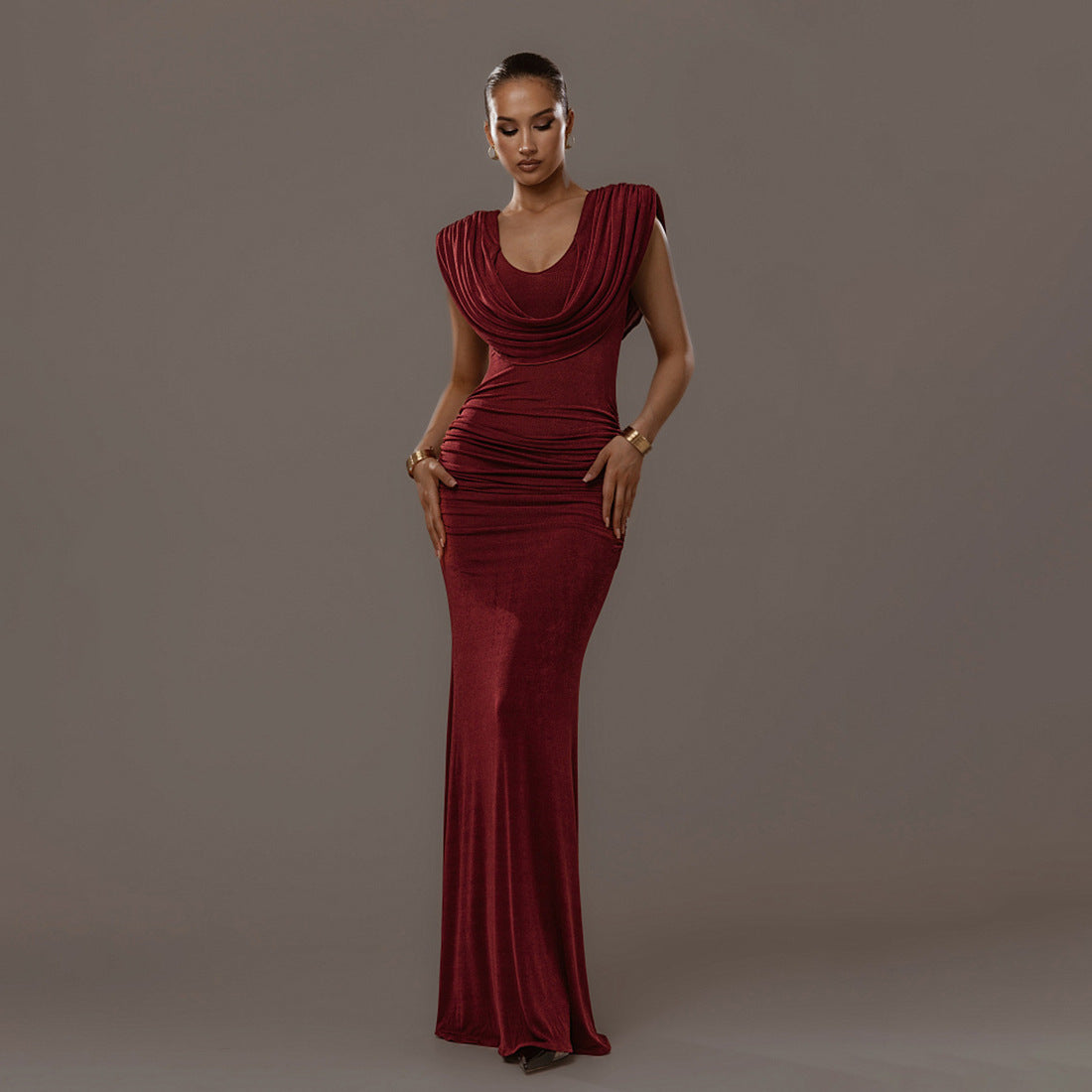 Women's Solid Color Swing Collar Sleeveless Tight Waist Pleated Slim-Fit Dress