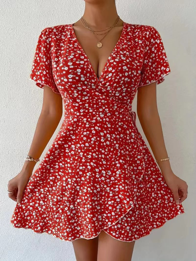 Women's Summer Casual Tiny Flower-Print Ruffle Wrap Dress