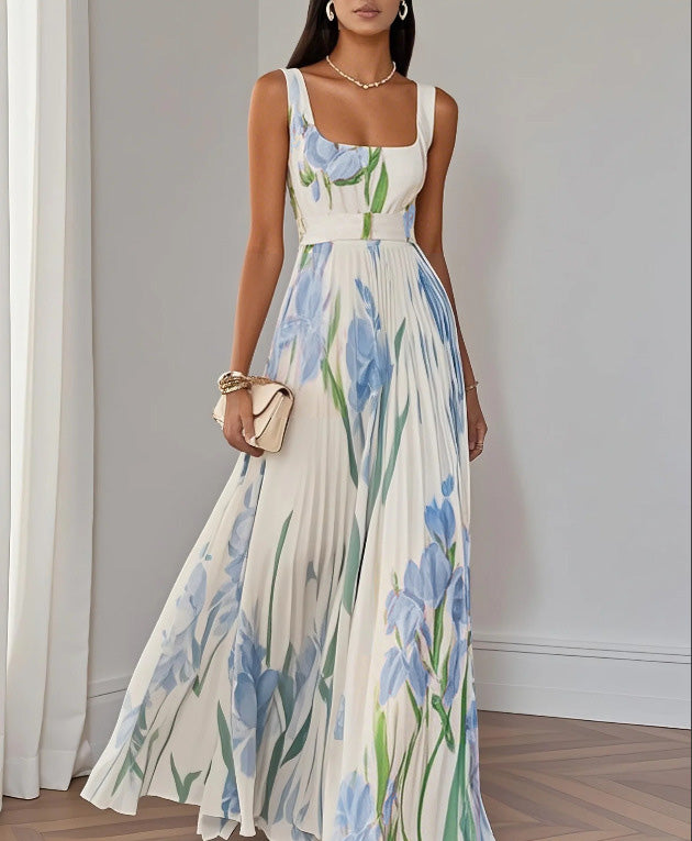 Women's Elegant Spring Flower Print Sleeveless Pleated Dress