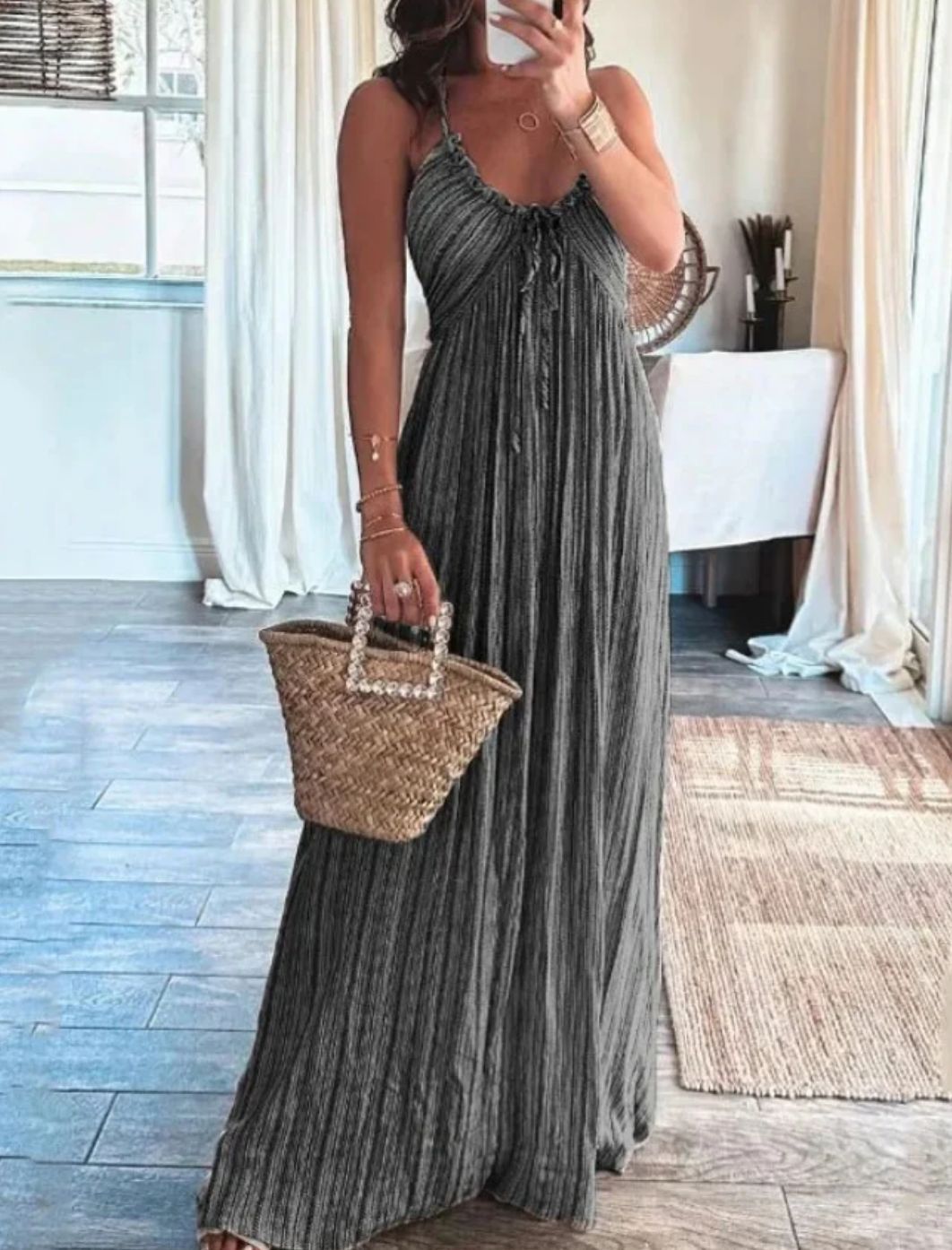 Women's Summer Solid Color Sexy Backless U-Collar Strap Maxi Dress