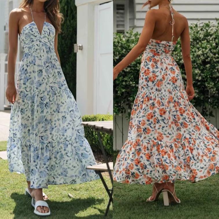 Women's Sexy Summer Flower Printed Halter-Neck V-Neck Sleeveless Loose Dress