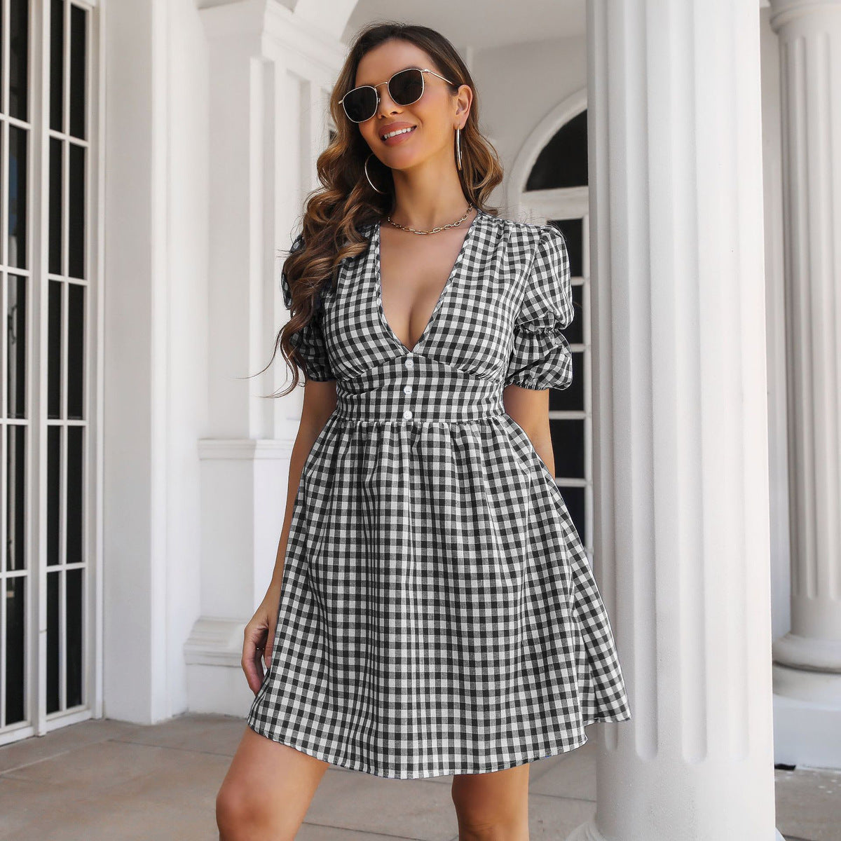 Women's Casual Summer Plaid Deep V-Neck Puff Sleeve A-Line Dress