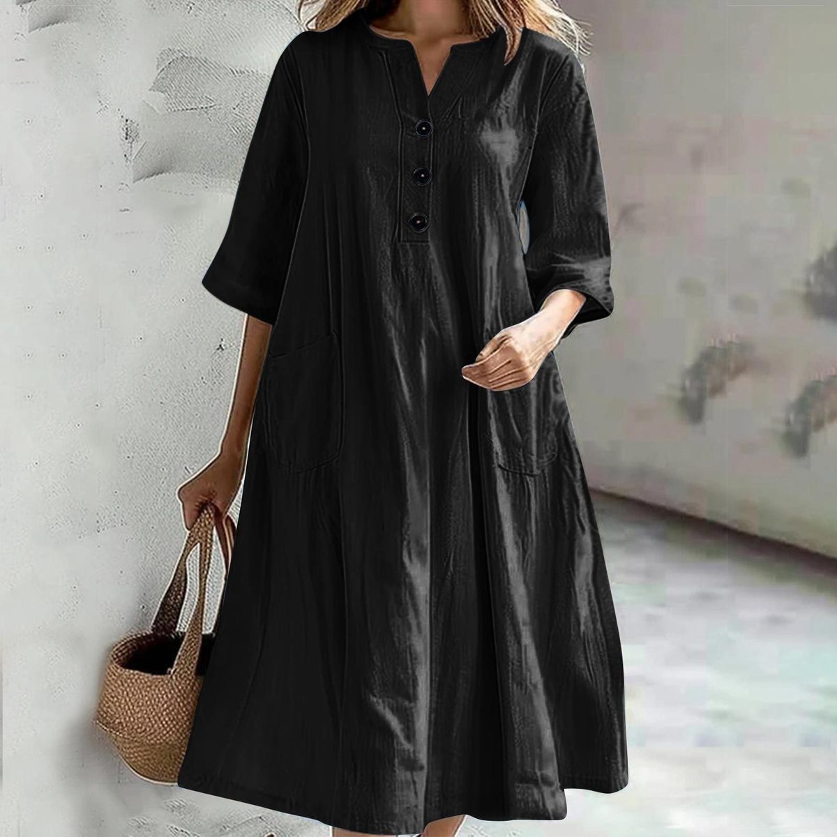 Women's Solid Color Cotton and Linen V-Neck Half-Sleeve Three-Button Dress