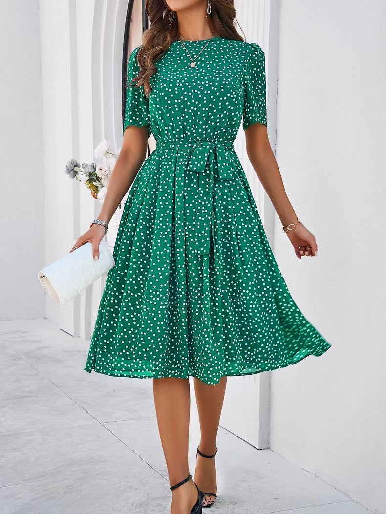 Women's Spring and Summer Polka Dot Print Short Sleeve Lace-Up A-Line Dress