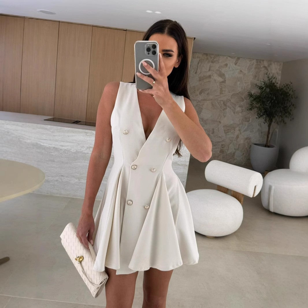 Women's Elegant Solid Color V-Neck Sleeveless High Waist Dress