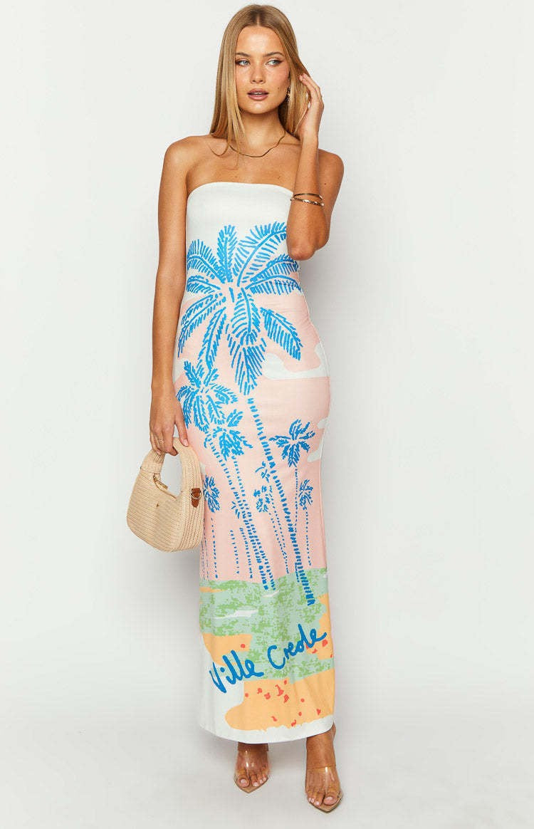 Women's Sexy Hanging Print Tube Top Bodycon Maxi Dress