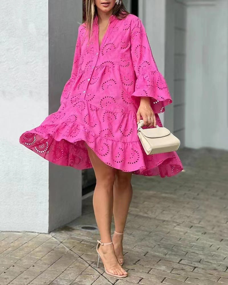 Women's Casual Cotton Princess Dress V-Neck Hollow Midi Dress