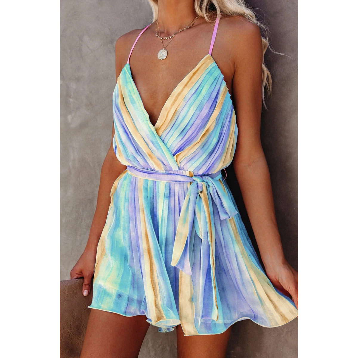 Women's Pleated Printing Chiffon Spaghetti Strap Dress