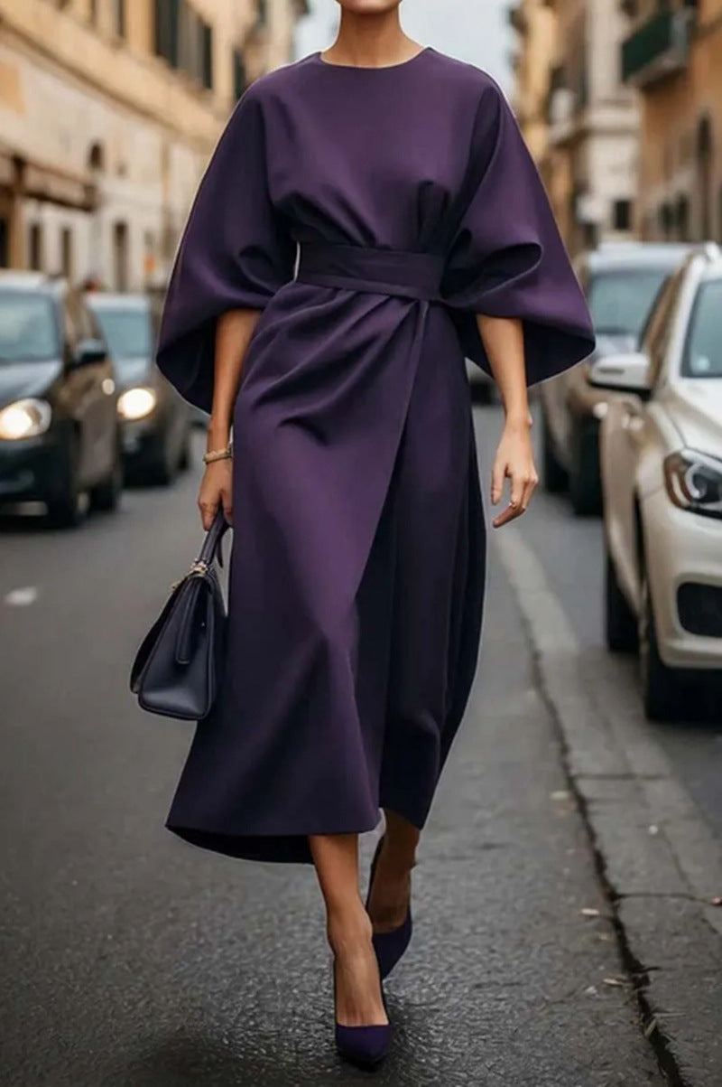 Women's Elegant Solid Color High Waist Bat Sleeve Dress