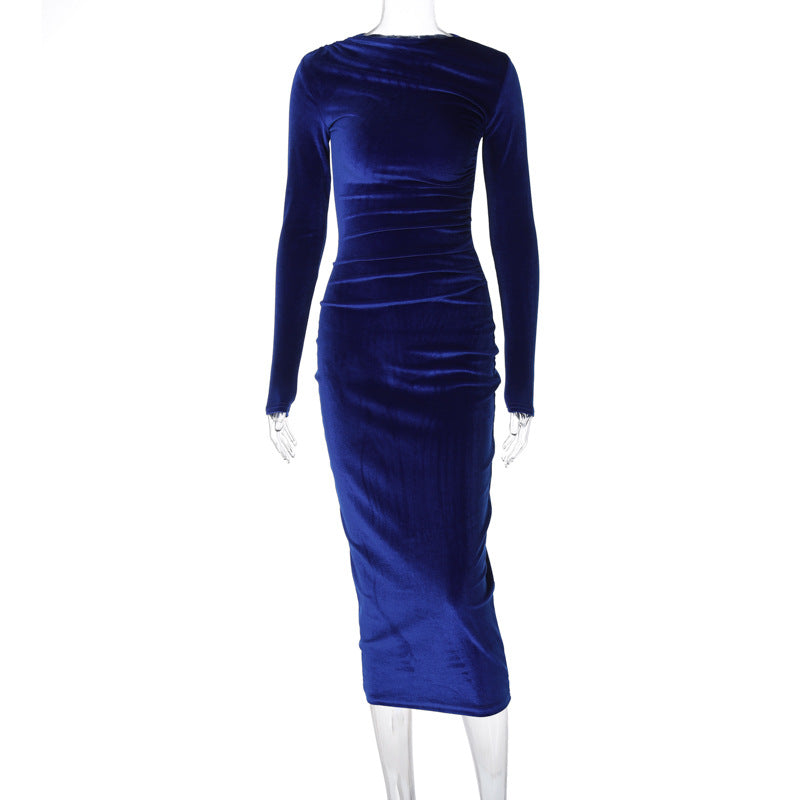 Women's Solid Color Pleated Long Sleeve Bodycon Midi Dress