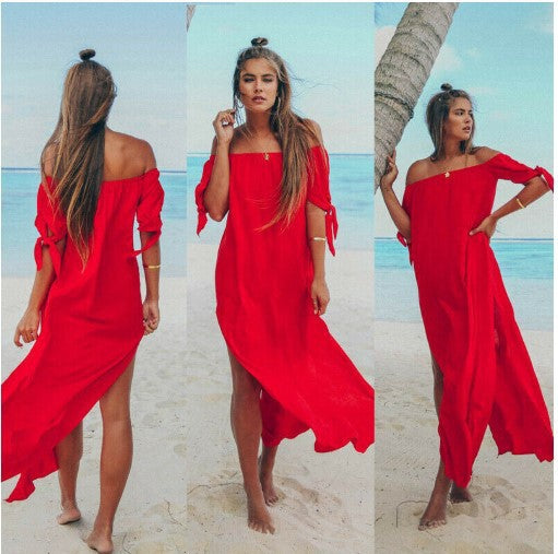 Women's Casual Solid Color Boat Neck Short Sleeve Slit Long Dress
