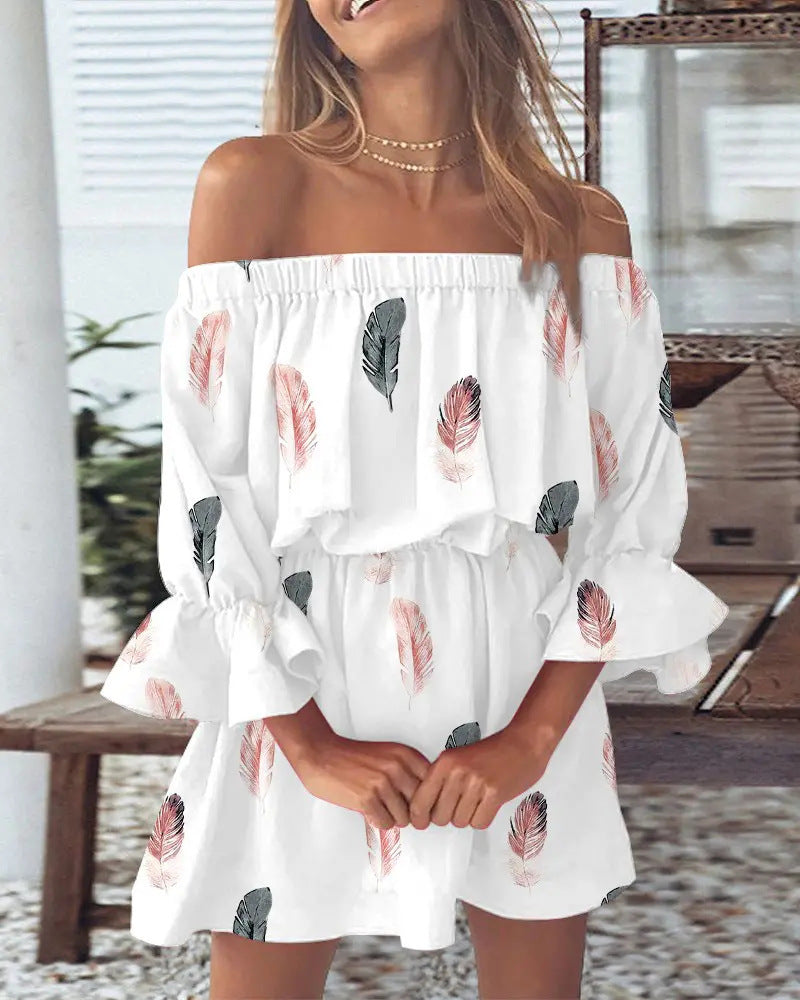 Women's Casual Loose Flower Print Off-Shoulder Long Sleeve Loose Dress