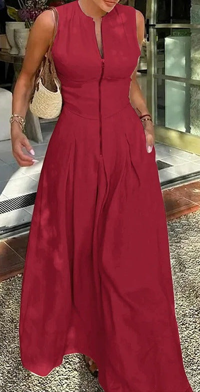 Women's Casual Summer Solid Color Sleeveless Zipper Long A-Line Dress