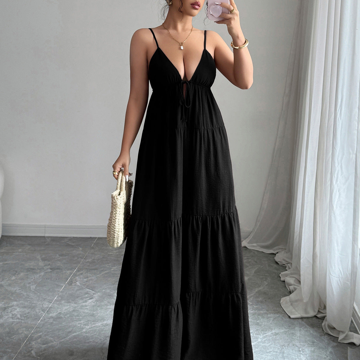 Women's Elegant Solid Color Spaghetti Strap Loose Dress