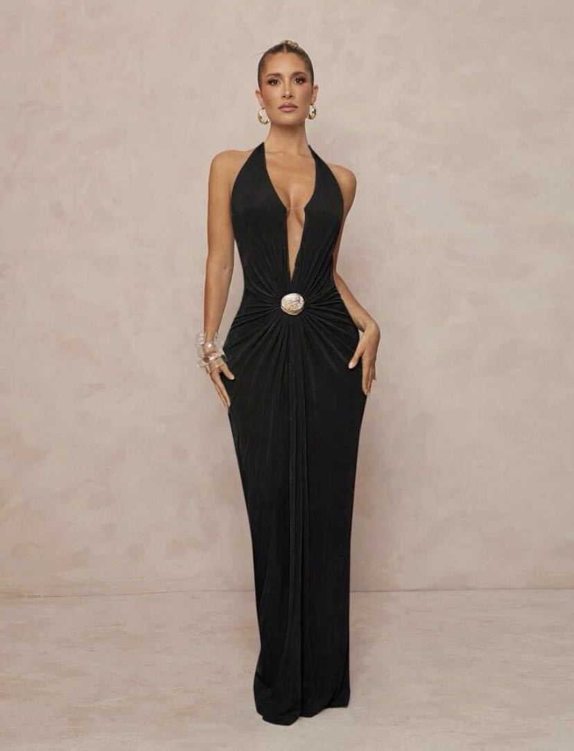 Women's Sexy Solid Color V-Neck Halter-Neck Backless Dress