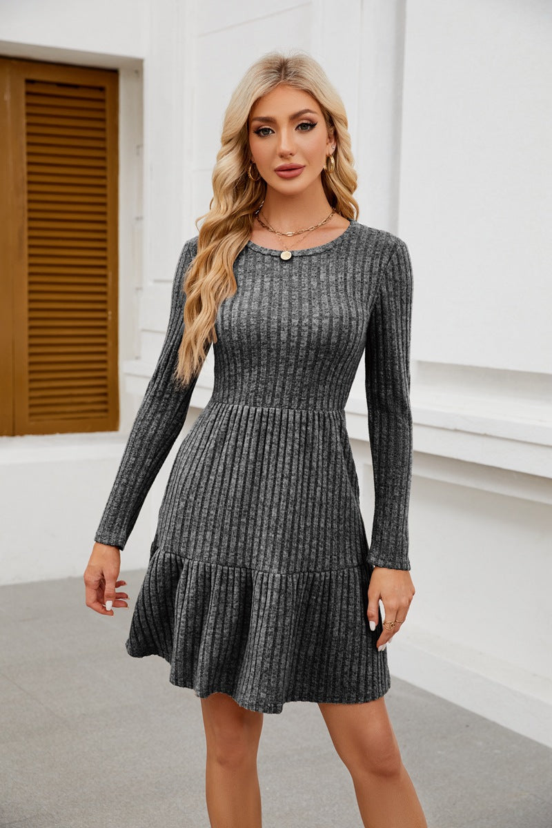 Women's Crewneck Pocket Casual Knee Length Long Sleeve Knitted A-Line Dress