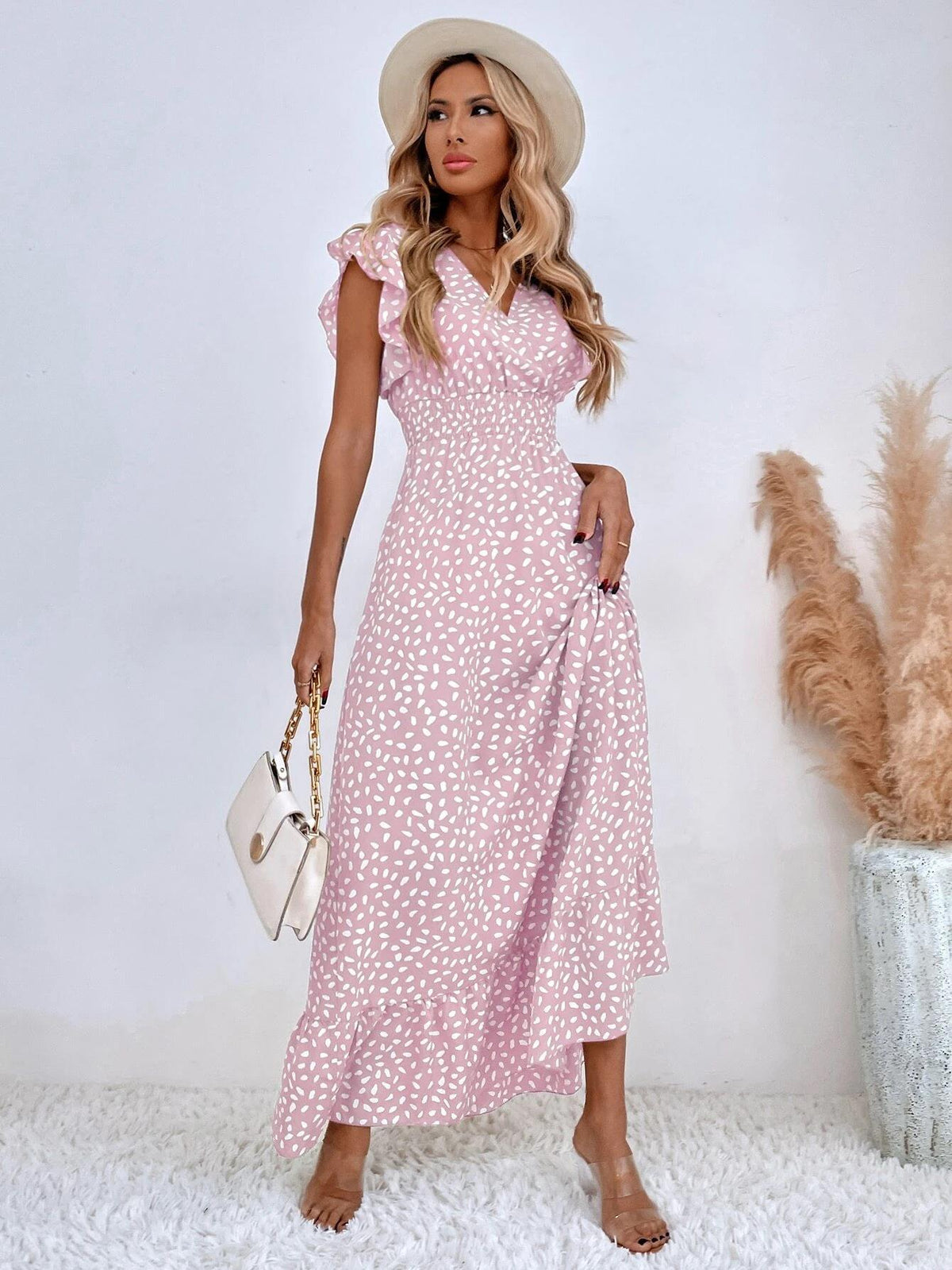Women's Spring Summer Polka Dot Print V-Neck Defined Waist Ruffled Maxi Dress